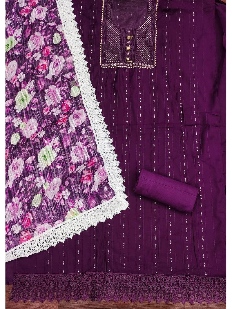 Graceful purple roman silk salwar suit with floral georgette dupatta