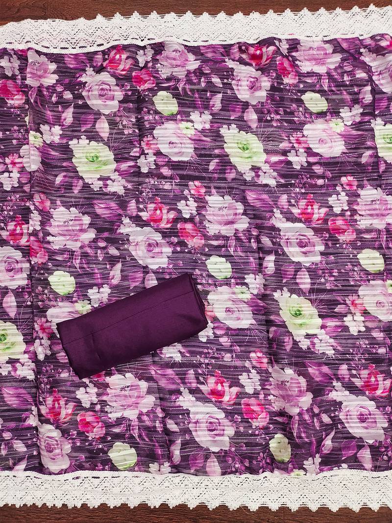 Graceful purple roman silk salwar suit with floral georgette dupatta
