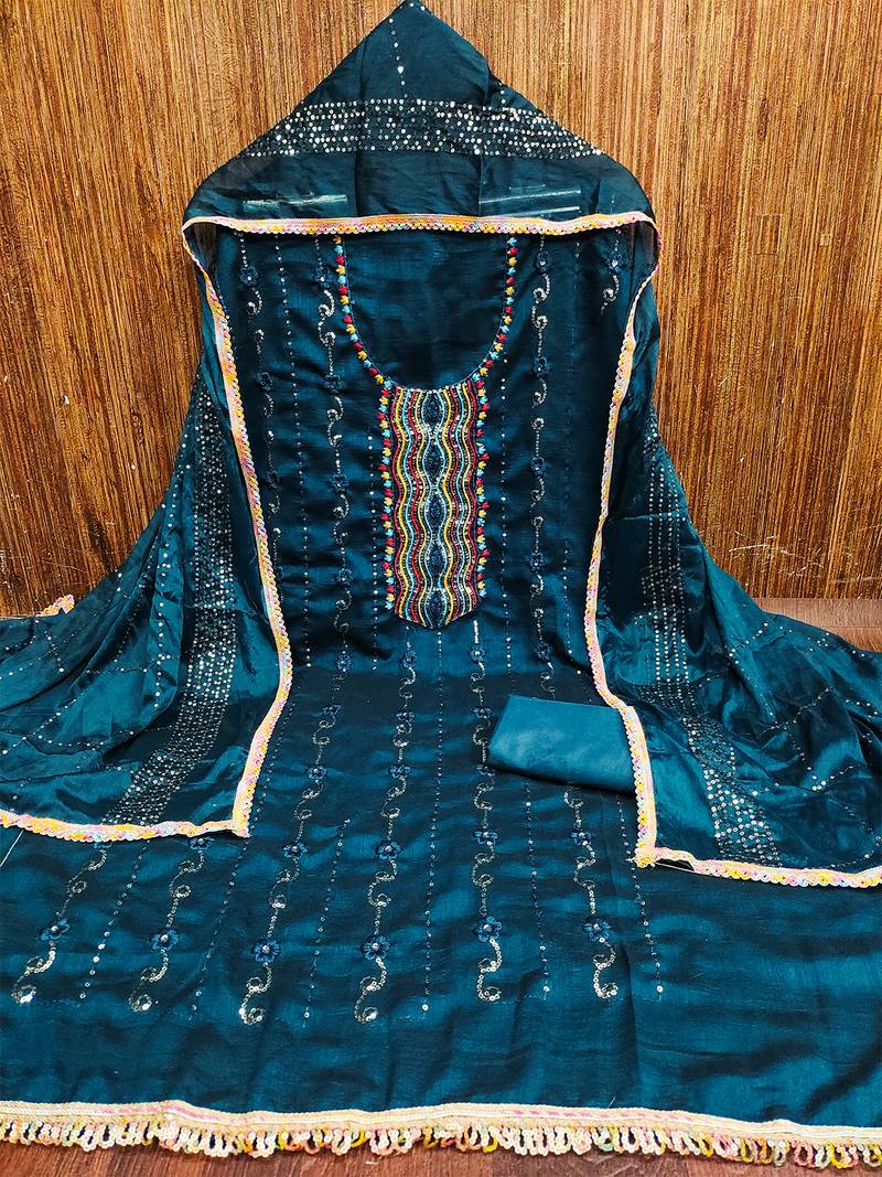 Trendy navy blue vichitra silk salwar suit with chinon mirror work dupatta