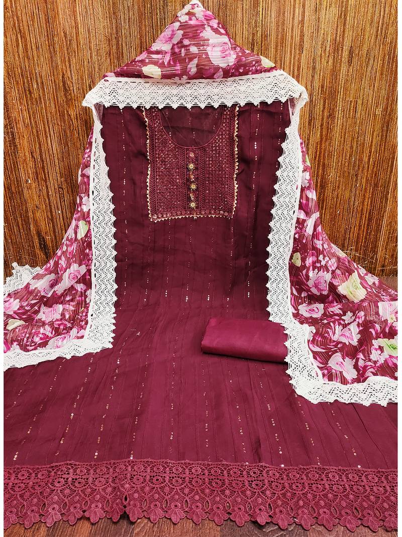 Graceful maroon roman silk salwar suit with floral georgette dupatta