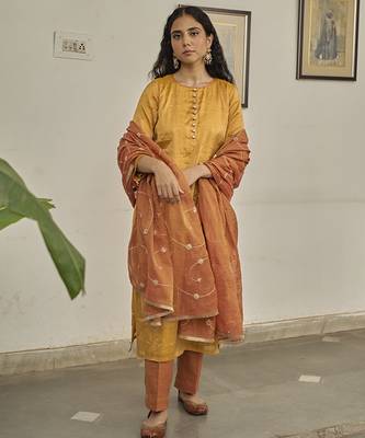 Yellow tissue plain kurta sets 1