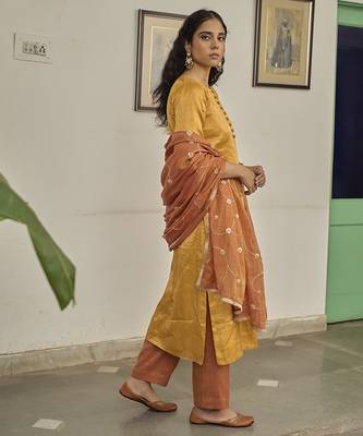 Yellow tissue plain kurta sets 4