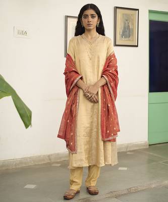 Beige tissue plain kurta sets 1