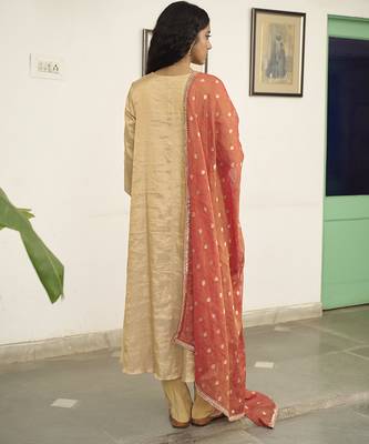Beige tissue plain kurta sets 2