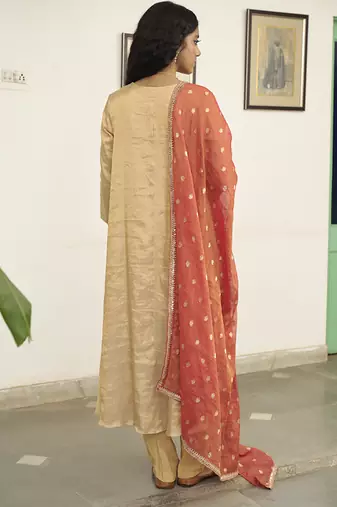 Beige tissue plain kurta sets
