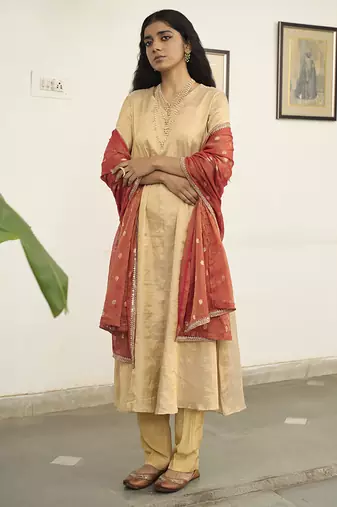 Beige tissue plain kurta sets