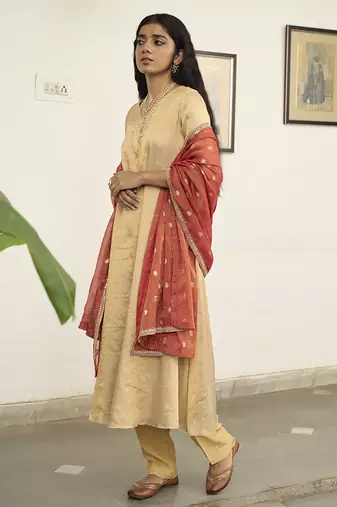 Beige tissue plain kurta sets