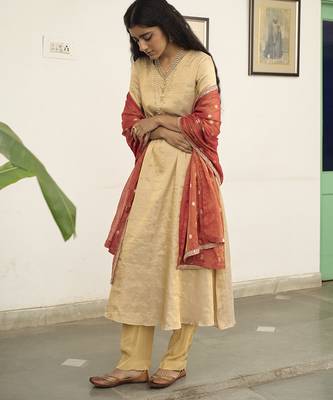Beige tissue plain kurta sets 5