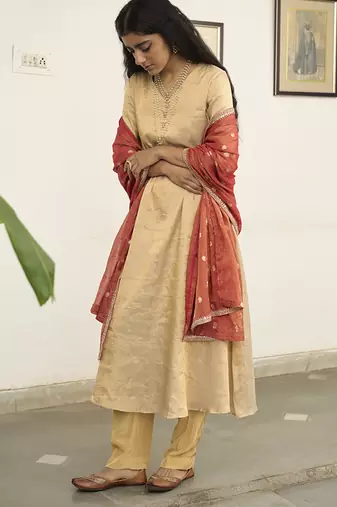 Beige tissue plain kurta sets