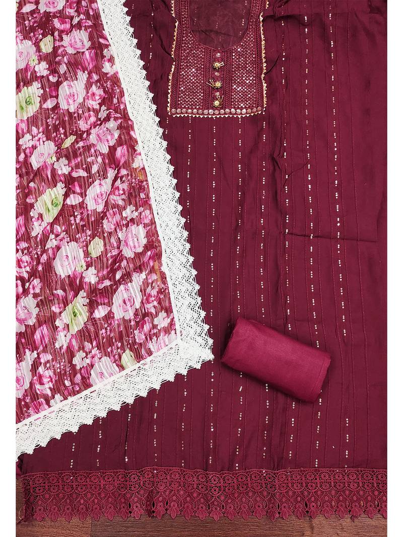 Graceful maroon roman silk salwar suit with floral georgette dupatta