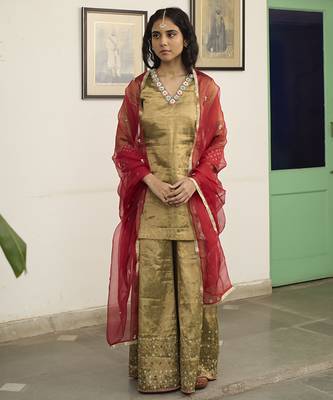 Green tissue plain kurta sets 1