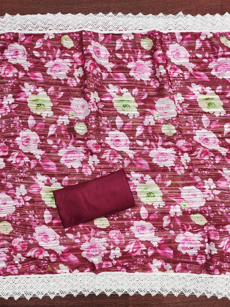 Graceful maroon roman silk salwar suit with floral georgette dupatta