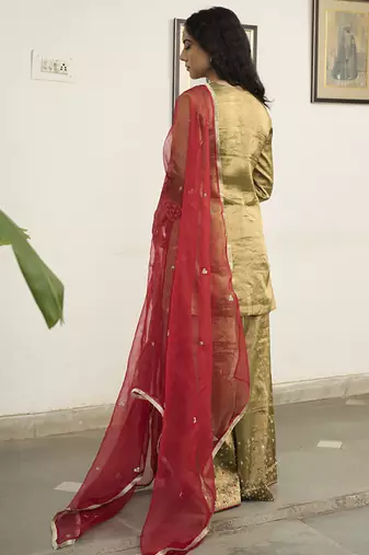 Green tissue plain kurta sets