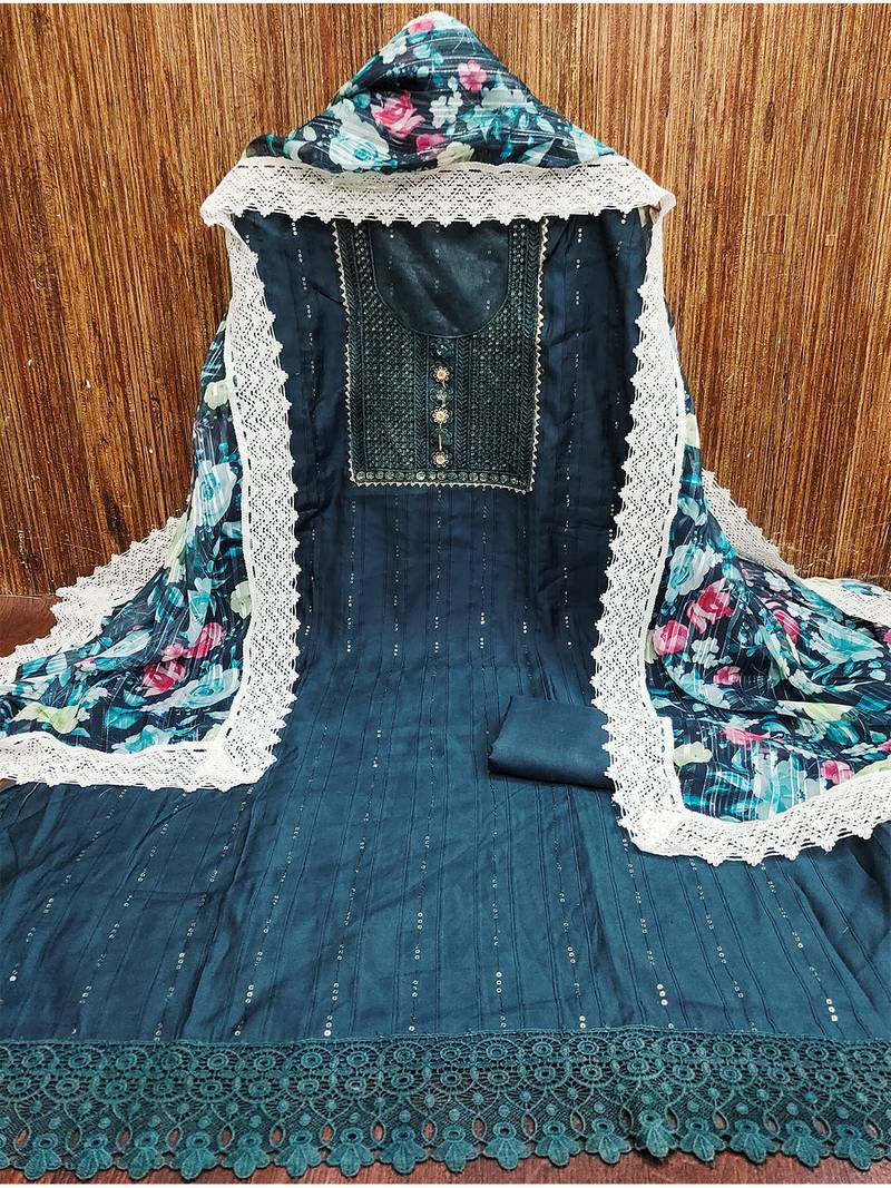 Graceful grey roman silk salwar suit with floral georgette dupatta