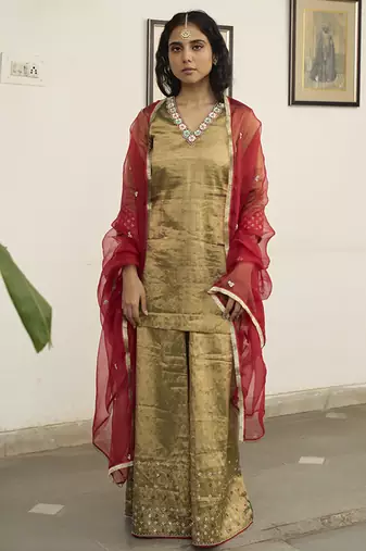 Green tissue plain kurta sets