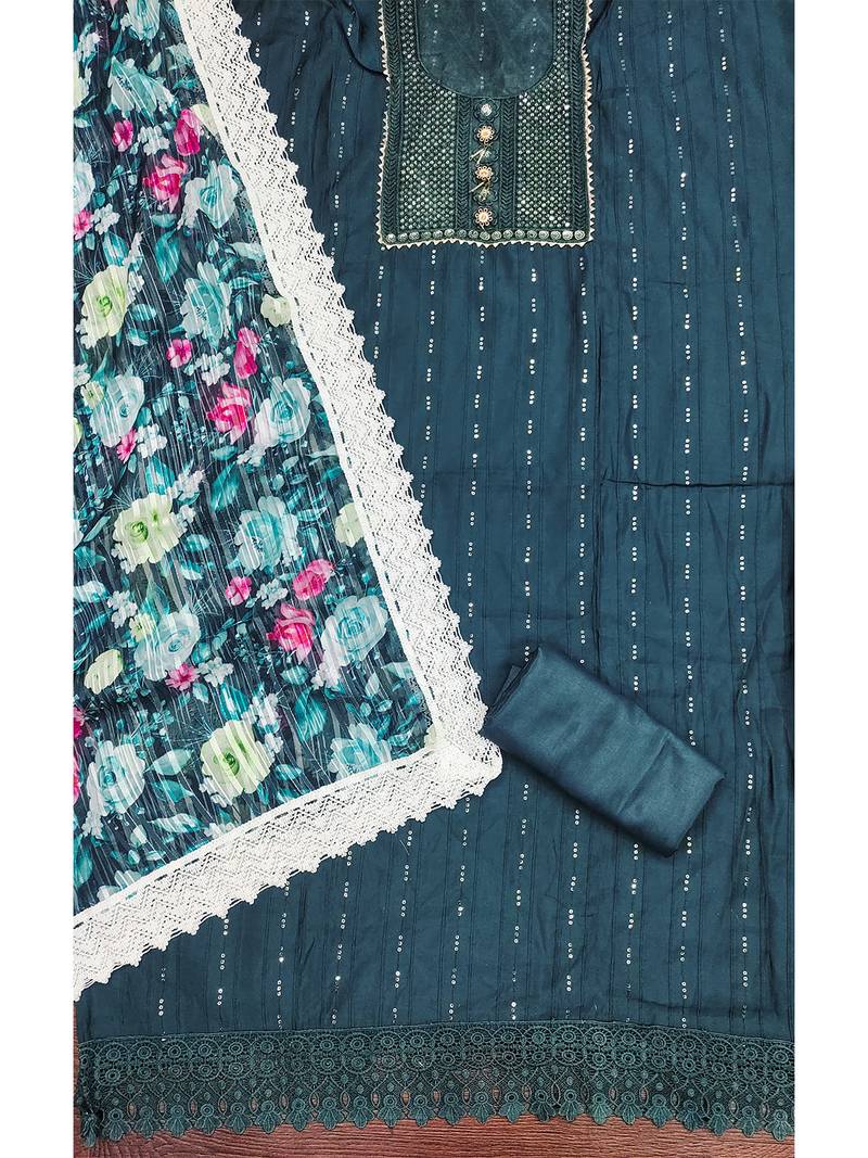 Graceful grey roman silk salwar suit with floral georgette dupatta