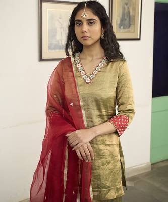 Green tissue plain kurta sets 5