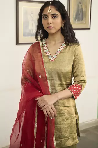 Green tissue plain kurta sets