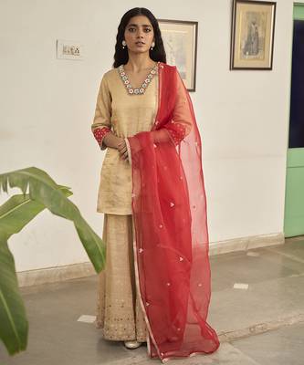 Gold tissue plain kurta sets 1