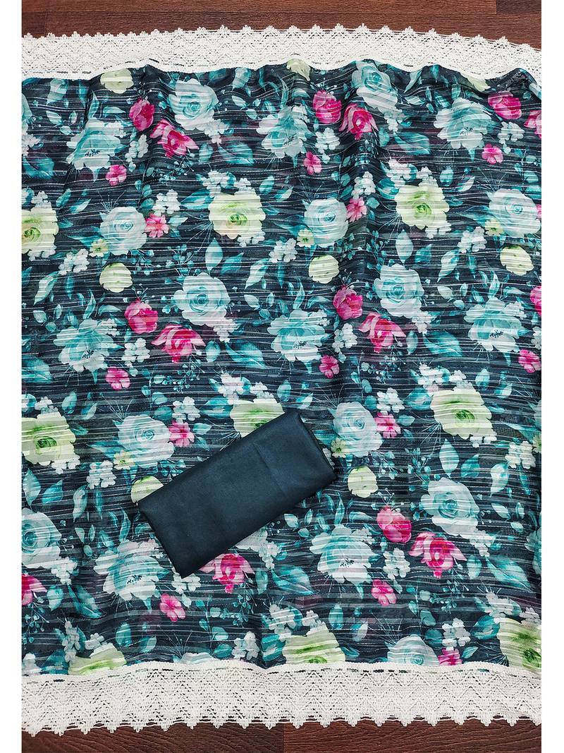 Graceful grey roman silk salwar suit with floral georgette dupatta