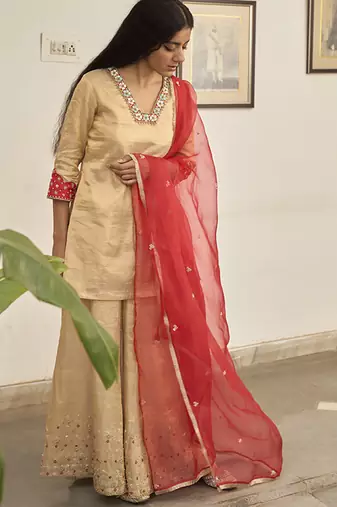 Gold tissue plain kurta sets