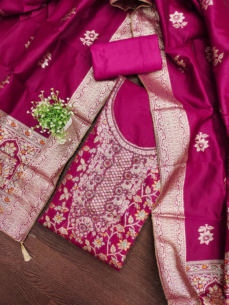 pink jacquard salwar suit with heavy embroidery and rich dupatta