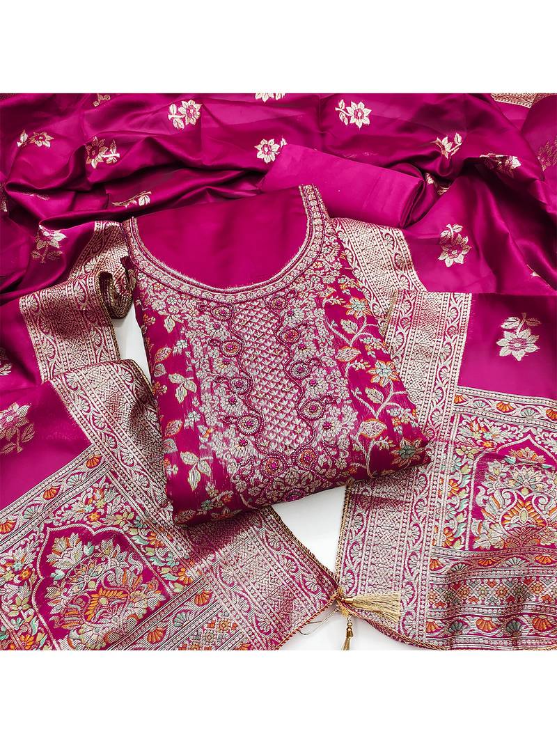 pink jacquard salwar suit with heavy embroidery and rich dupatta