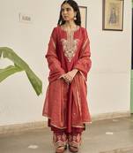 Red chanderi embroidered kurta sets