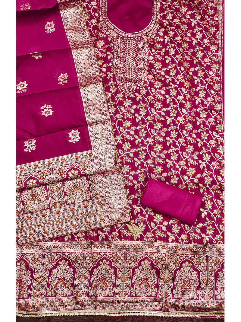 pink jacquard salwar suit with heavy embroidery and rich dupatta