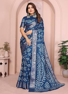 Navy Blue Color Indian Wedding Bandhej Silk Saree  2