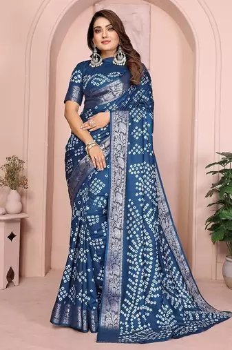 Navy Blue Color Indian Wedding Bandhej Silk Saree 