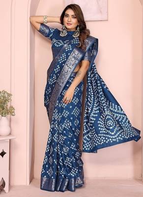 Navy Blue Color Indian Wedding Bandhej Silk Saree  3