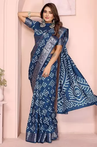Navy Blue Color Indian Wedding Bandhej Silk Saree 