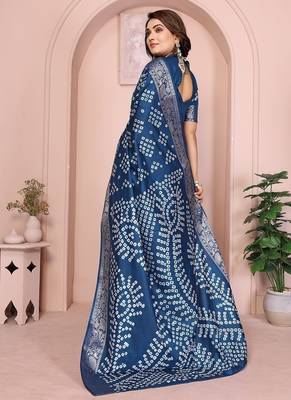 Navy Blue Color Indian Wedding Bandhej Silk Saree  4