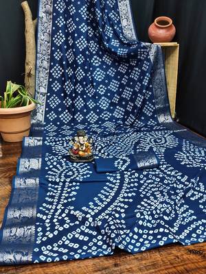 Navy Blue Color Indian Wedding Bandhej Silk Saree  5