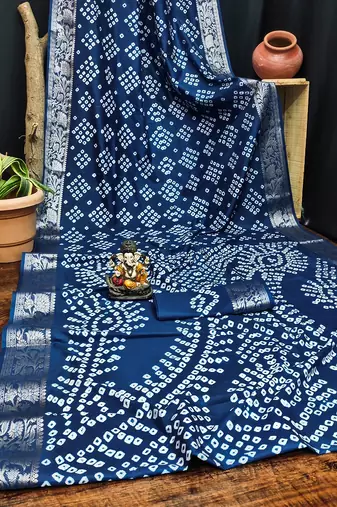 Navy Blue Color Indian Wedding Bandhej Silk Saree 