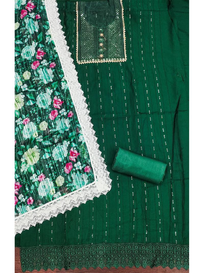 Graceful green roman silk salwar suit with floral georgette dupatta