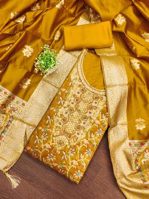 golden jacquard salwar suit with heavy embroidery and rich dupatta 1