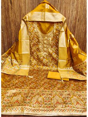 golden jacquard salwar suit with heavy embroidery and rich dupatta 4