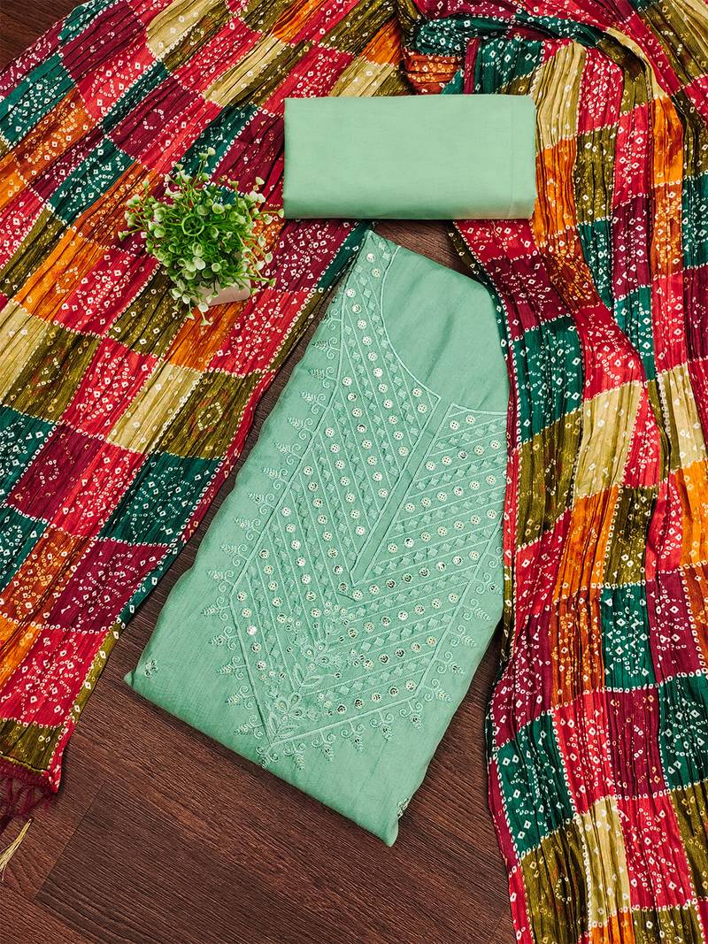 Embroidered chanderi cotton dress material with bandhej chinon crush dupatta