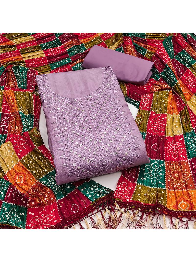 Embroidered chanderi cotton dress material with bandhej chinon crush dupatta