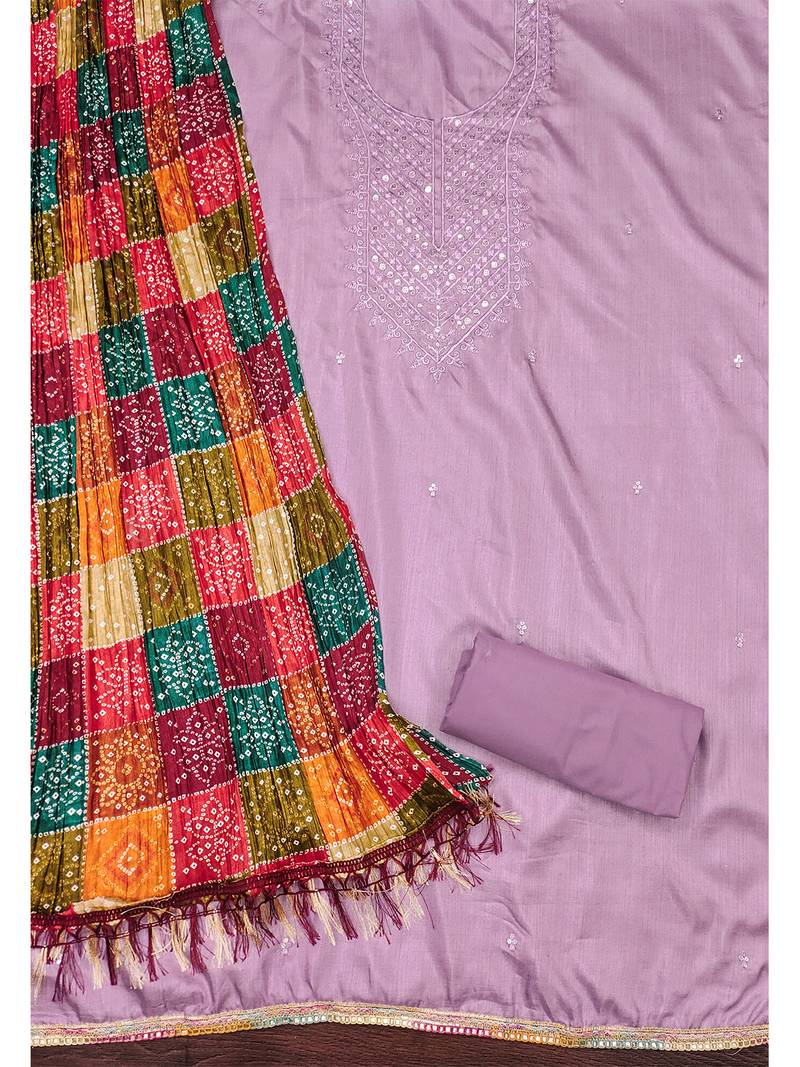Embroidered chanderi cotton dress material with bandhej chinon crush dupatta