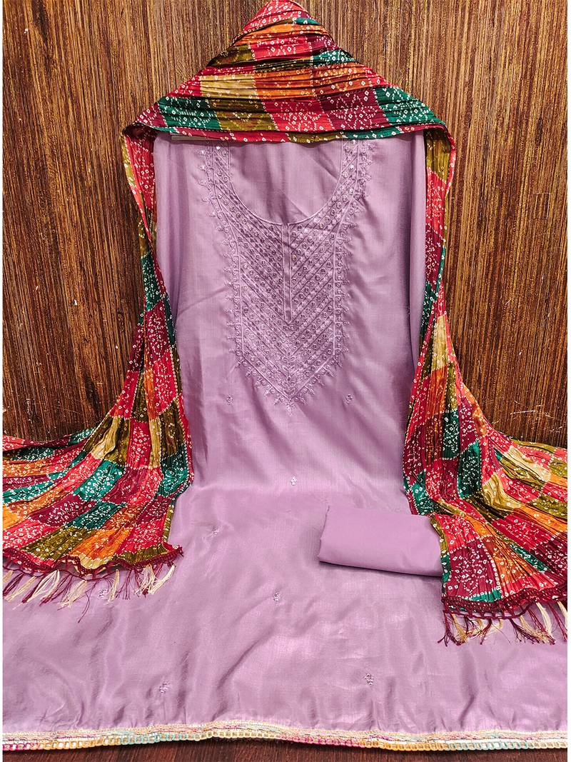 Embroidered chanderi cotton dress material with bandhej chinon crush dupatta