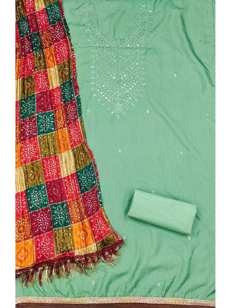 Embroidered chanderi cotton dress material with bandhej chinon crush dupatta