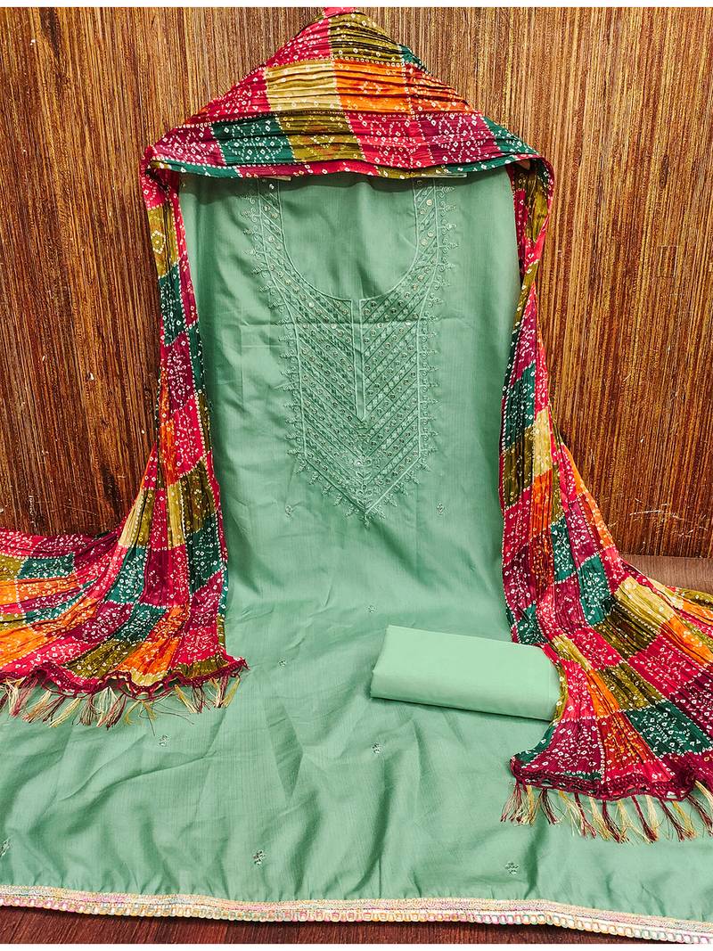 Embroidered chanderi cotton dress material with bandhej chinon crush dupatta