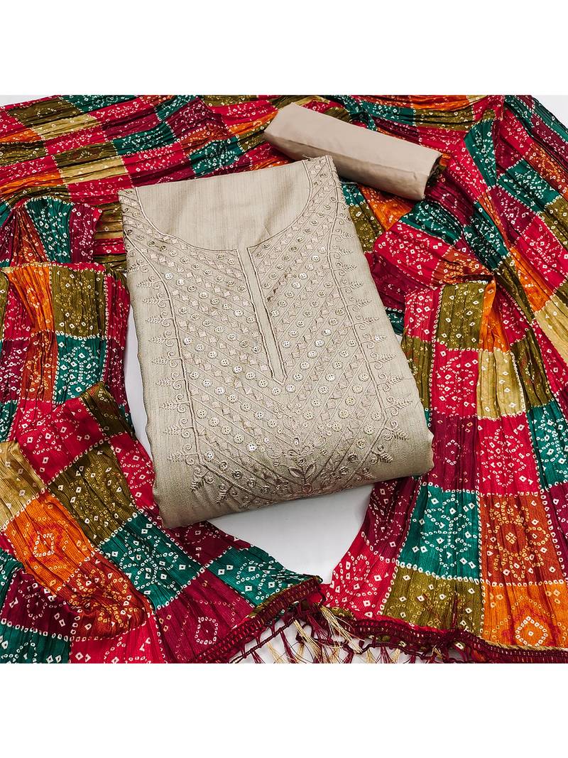 Embroidered chanderi cotton dress material with bandhej chinon crush dupatta