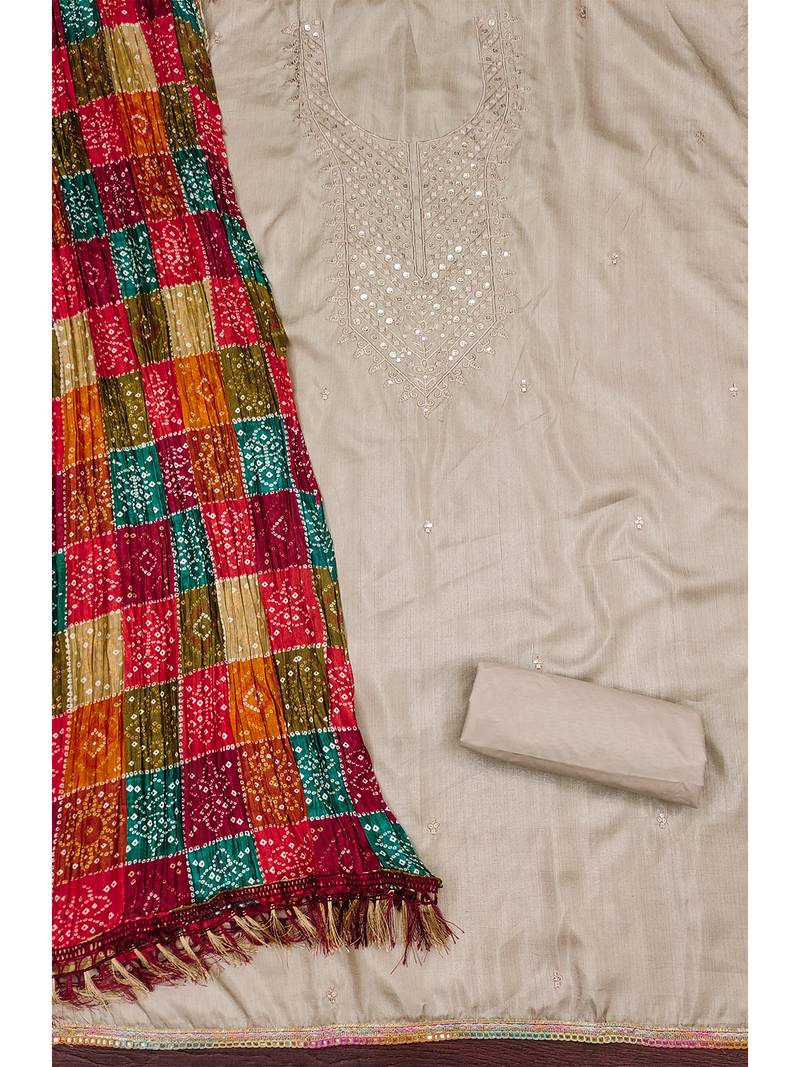 Embroidered chanderi cotton dress material with bandhej chinon crush dupatta