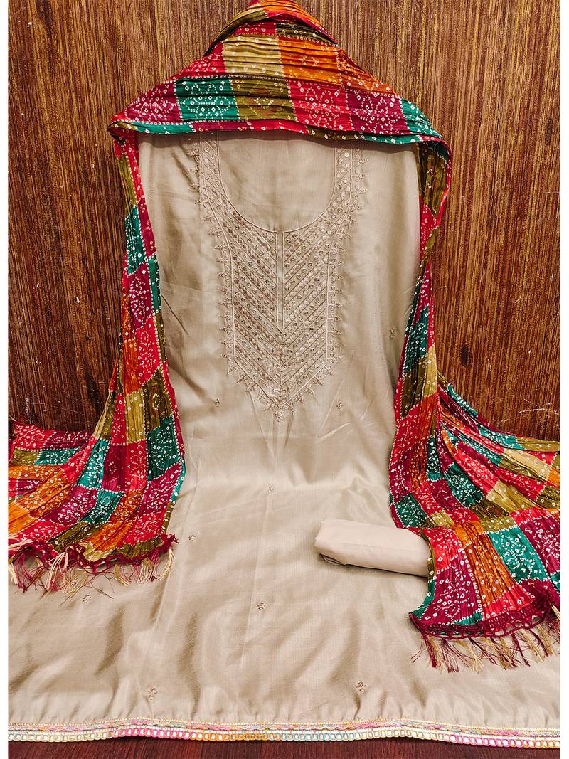 Embroidered chanderi cotton dress material with bandhej chinon crush dupatta