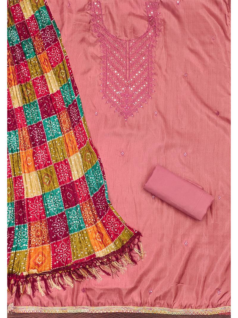 Embroidered chanderi cotton dress material with bandhej chinon crush dupatta