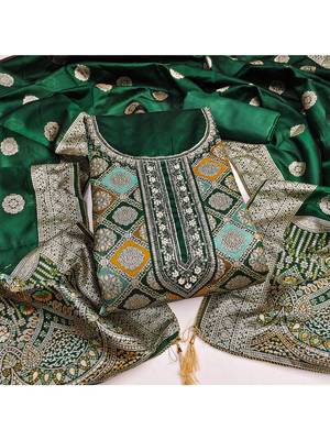 Royal green jacquard embroidered salwar suit material with woven dupatta 2